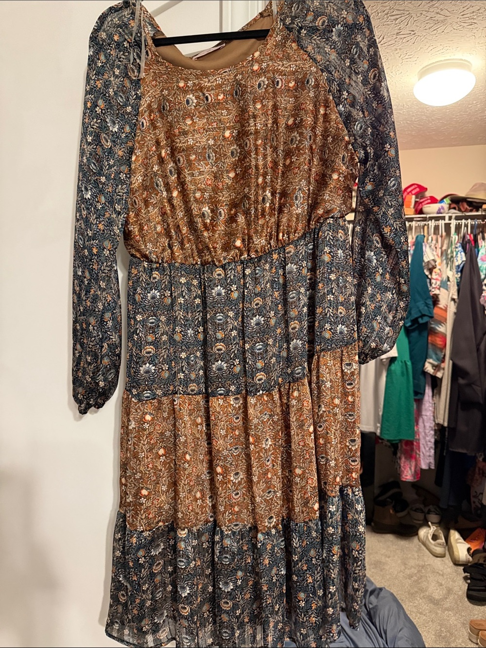 Ces Femme Brown and Navy Boho Tiered Long Sleeve Maxi Dress